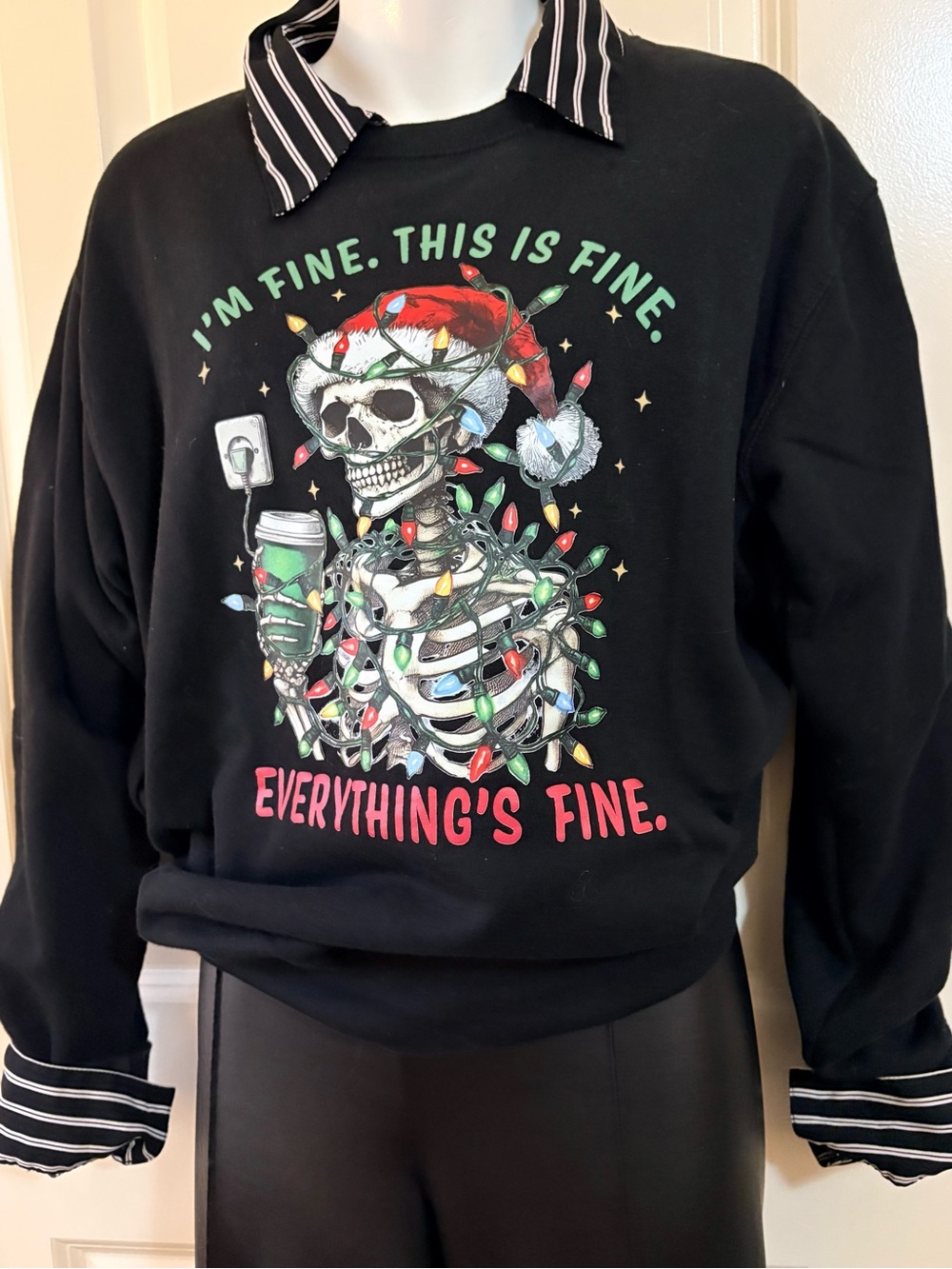 Black Holiday Skull Graphic Sweater - "Everything's Fine", size M - Picture 2 of 6